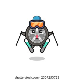 car wheel mascot character as a ski player , cute style design for t shirt, sticker, logo element