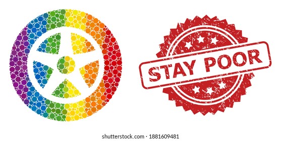 Icono de mosaico de la rueda del coche de elementos de círculo en diferentes tamaños y tonos de color multicolor LGBT, y sello de sello de rosette de Stay Poor impuro. Una volante de coches de colores LGBT punteada para lesbianas, gays, transgéneros,