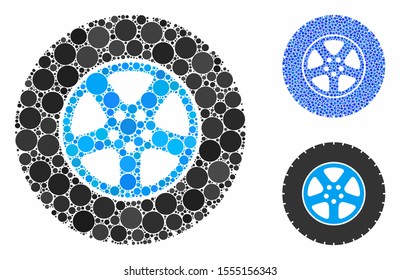 Car wheel mosaic of round dots in variable sizes and color tinges, based on car wheel icon. Vector round elements are organized into blue mosaic. Dotted car wheel icon in usual and blue versions.