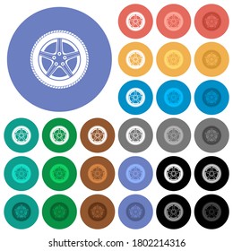 Car wheel multi colored flat icons on round backgrounds. Included white, light and dark icon variations for hover and active status effects, and bonus shades.
