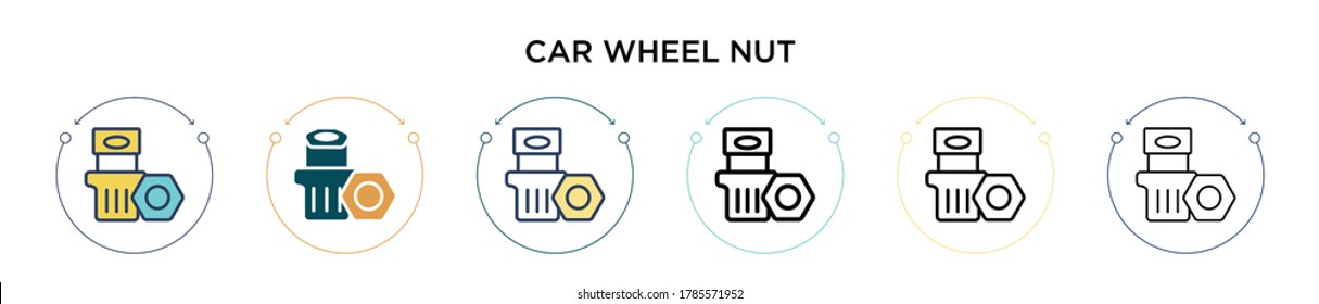 Icono de la tuerca de la rueda del automóvil en el estilo relleno, delgado, contorno y trazo. Ilustración vectorial de dos iconos vectoriales de nuez de ruedas de coches de color y negro se pueden utilizar para móviles, ui, web