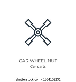 Car wheel nut icon. Thin linear car wheel nut outline icon isolated on white background from car parts collection. Line vector sign, symbol for web and mobile