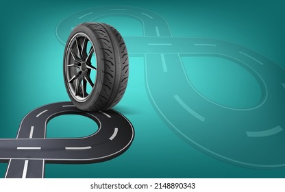 Car wheel on an advertising background. Asphalt road in the form of an infinity sign. Freeway in perspective. Advertising banner for the sale of tires. No text. Sale. Black Friday. Discount.