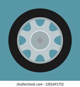 Car wheel on blue background flat vector illustration. Tire service station logo. Automotive industry symbol. Vehicle maintenance icon isolated. Automobile repair shop. Mechanic auto workshop concept