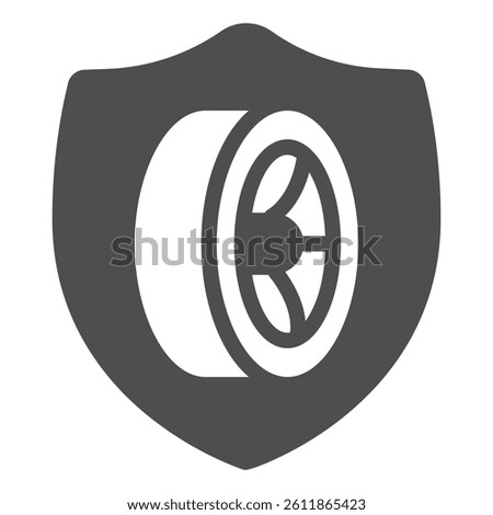 Car wheel on shield solid icon, tires fitting concept. Vector graphics. Tire warranty and long safety emblem sign on white background, glyph style icon for mobile or web design