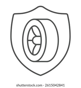 Car wheel on shield thin line icon, tires fitting concept. Vector graphics. Tire warranty and long safety emblem sign on white background, outline style icon for mobile or web design