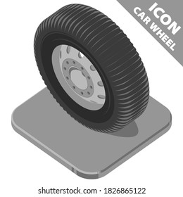 Rueda de coche en el soporte. Icono 3D de isometría de escala de grises sobre fondo blanco. Ilustración vectorial en estilo plano.