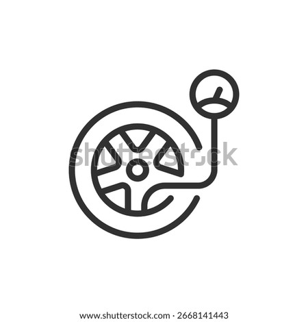Car wheel with pressure gauge, linear icon. Tire inflation and control. Line with editable stroke.