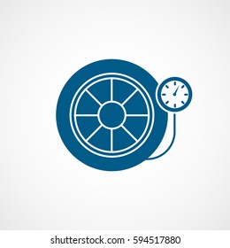 Car Wheel And Pressure Measuring Blue Flat Icon On White Background