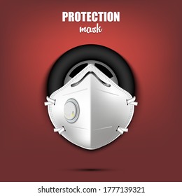 Car wheel with a protection mask. Caution! wear protection mask. Risk disease. Cancellation of sports tournaments. Pattern design. Vector illustration