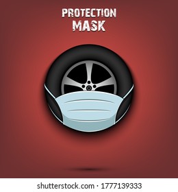 Car Wheel With A Protection Mask. Caution! Wear Protection Mask. Risk Disease. Cancellation Of Sports Tournaments. Pattern Design. Vector Illustration