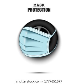 Rueda de coche con máscara de protección. ¡Cuidado! usar máscara de protección. Enfermedad de riesgo. Cancelación de torneos deportivos. Diseño de patrones. Ilustración del vector