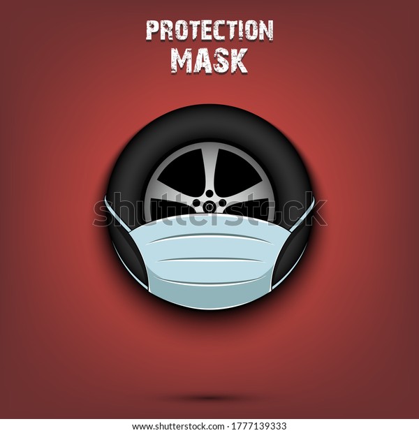 Car wheel with a protection mask. Caution!\
wear protection mask. Risk disease. Cancellation of sports\
tournaments. Pattern design. Vector\
illustration