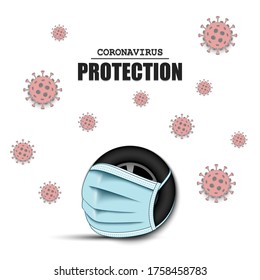 Car wheel with a protection mask and cells coronavirus bacteriums. Stop covid-19 outbreak. Caution risk disease 2019-nCoV. Cancellation of sports tournaments. Pattern design. Vector illustration