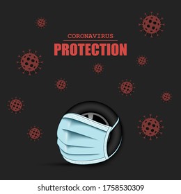 Car wheel with a protection mask and cells coronavirus bacteriums. Stop covid-19 outbreak. Caution risk disease 2019-nCoV. Cancellation of sports tournaments. Pattern design. Vector illustration