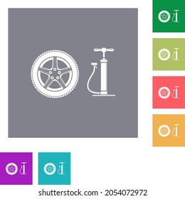 Car wheel and pump flat icons on simple color square backgrounds