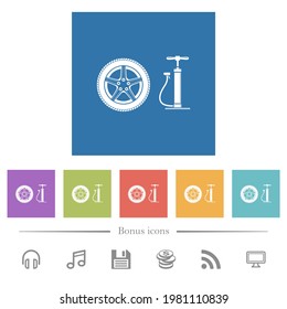 Car wheel and pump flat white icons in square backgrounds. 6 bonus icons included.