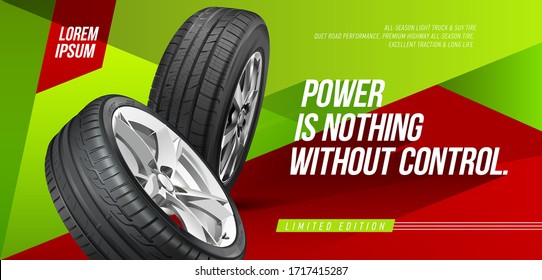 Car wheel repair and service. Tire automotive banner template. Wheels tracks backgrounds for landscape poster, digital banner, flyer, booklet, brochure and web design. Realistic tire banner. 