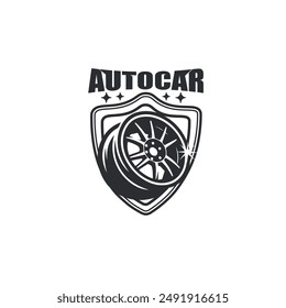 ilustración gráfica de Vector con logotipo monocromo de escudo de rótulo de llanta de coche