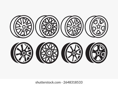 car wheel rim icons set in outline and filled style for garage, workshop and repair. allow rim racing illustrations. automotive spoke spare parts element designs with multi, mesh, split, modular