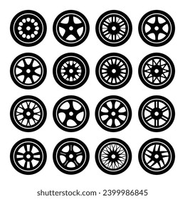 Car wheel rims icons set. Automobile and other vehicle spare parts disc rims with tires silhouette. Repair shop or service garage. Vector illustration