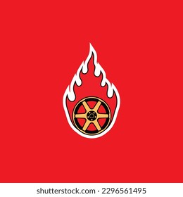 Car wheel rims on fire simple logo icon, sticker vector illustration