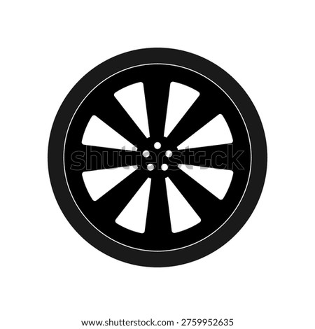 Car wheel schematic image, light alloy wheel rim of a conventional civilian car, isolated on white background