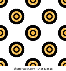 Car wheel seamless pattern. Truck black tire with yellow steel disk auto decoration motif. Fabric tyre ornament for fashion textile print. Graphic element print on white background. Abstract vector