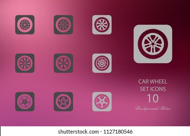 Car wheel. Set of flat icons on blurred background. Vector illustration
