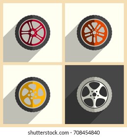 Car wheel set of flat icons with shadow. Simple vector illustration