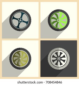 Car wheel set of flat icons with shadow. Simple vector illustration