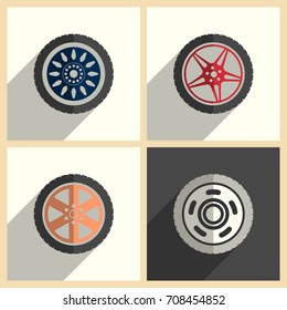 Car wheel set of flat icons with shadow. Simple vector illustration