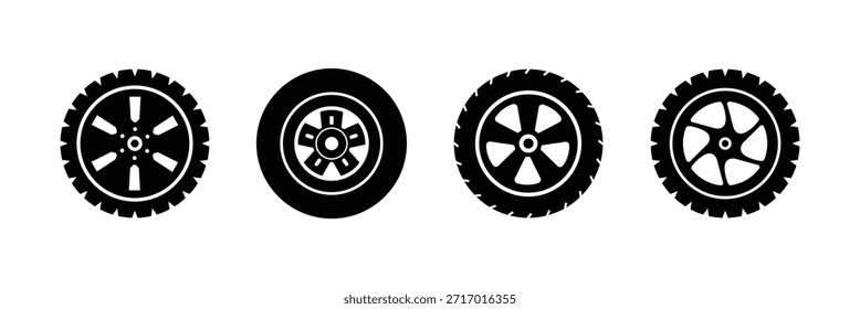 Autoradsatz, handgezeichnete Illustration auf weißem Hintergrund. Auto-Rad-Symbole, Auto-Reifen, Reifen und Scheiben, Auto-Rad Silhouetten Sammlung . 10 EPS