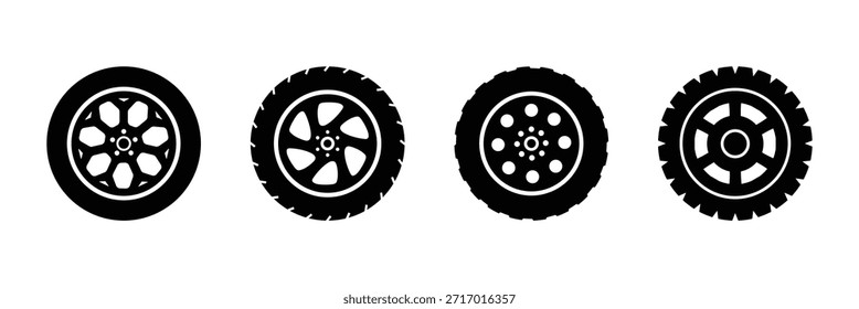 Autoradsatz, handgezeichnete Illustration auf weißem Hintergrund. Auto-Rad-Symbole, Auto-Reifen, Reifen und Scheiben, Auto-Rad Silhouetten Sammlung . 10 EPS