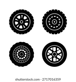 Autoradsatz, handgezeichnete Illustration auf weißem Hintergrund. Auto-Rad-Symbole, Auto-Reifen, Reifen und Scheiben, Auto-Rad Silhouetten Sammlung . 10 EPS