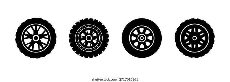 Autoradsatz, handgezeichnete Illustration auf weißem Hintergrund. Auto-Rad-Symbole, Auto-Reifen, Reifen und Scheiben, Auto-Rad Silhouetten Sammlung . 10 EPS