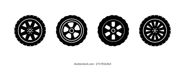 Conjunto de ruedas de coche dibujado a mano ilustración sobre fondo blanco. Iconos de la rueda del coche, neumático auto del sistema, neumáticos y discos de la rueda, colección de las siluetas de la rueda de coche. eps 10