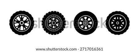 Car wheel set hand drawn illustration on white background. Car wheel icons, set auto tire, wheel tires and discs, car wheel silhouettes collection . eps 10