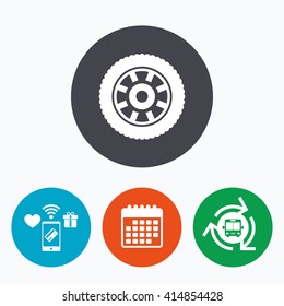 Car wheel sign icon. Circular transport component symbol. Mobile payments, calendar and wifi icons. Bus shuttle.