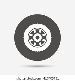 Car wheel sign icon. Circular transport component symbol. Gray circle button with icon. Vector