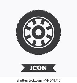Car wheel sign icon. Circular transport component symbol. Graphic design element. Flat wheel symbol on white background. Vector