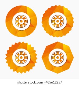 Car wheel sign icon. Circular transport component symbol. Triangular low poly buttons with flat icon. Vector