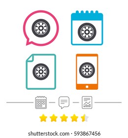 Car wheel sign icon. Circular transport component symbol. Calendar, chat speech bubble and report linear icons. Star vote ranking. Vector