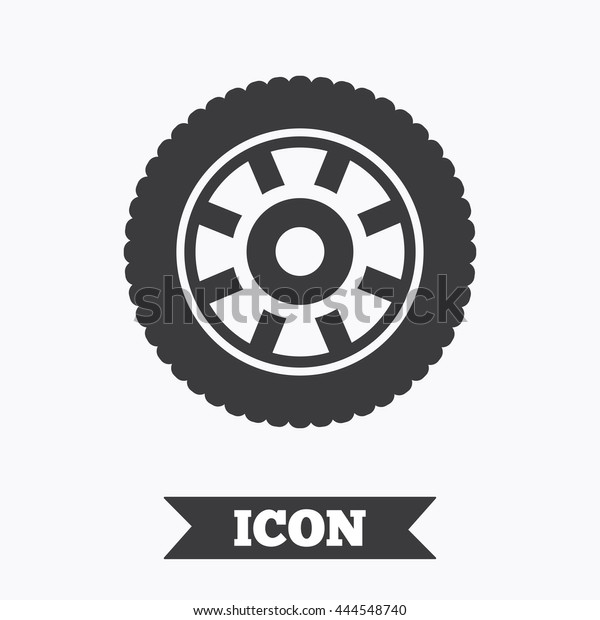 Car wheel sign icon. Circular transport component\
symbol. Graphic design element. Flat wheel symbol on white\
background. Vector