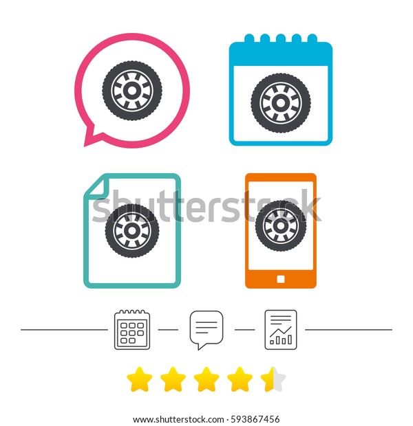 Car wheel sign icon. Circular transport component\
symbol. Calendar, chat speech bubble and report linear icons. Star\
vote ranking. Vector