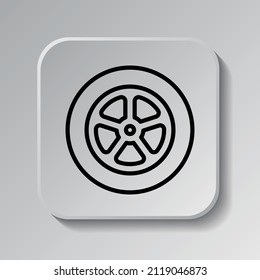Car wheel simple icon. Flat desing. Black icon on square button with shadow. Grey background.ai