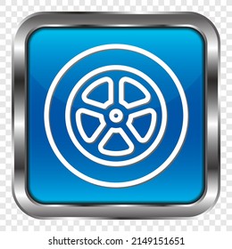 Car wheel simple icon. Flat design. Metal, blue square button. Transparent grid.ai