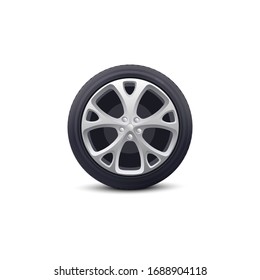 Car wheel single isolated object realistic vector illustration on white background. Automobile vehicle element for repair workshops and car parts dealers advertising.