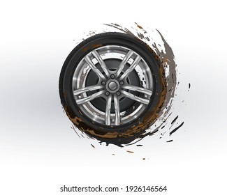 The car wheel is spinning in the mud. Tire tracks. Vector illustration on white background. Off-road texture elements. Splashing mud to the sides.