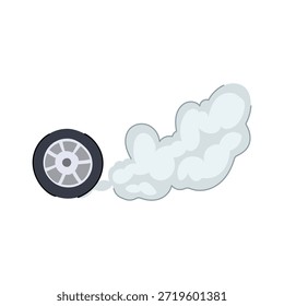 Car wheel spinning rapidly, creating a large cloud of white smoke, representing speed, acceleration, and powerful automotive performance on a white background